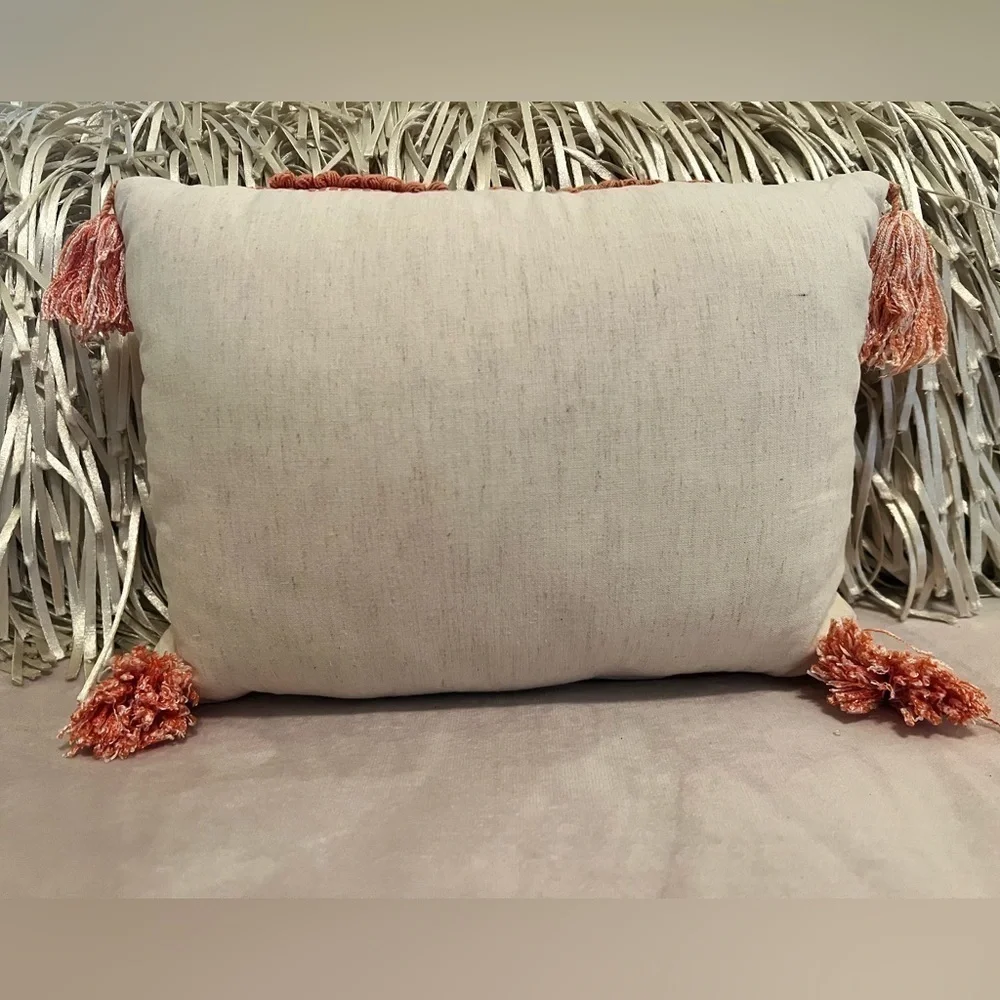 DECORATIVE PILLOW Macramé Orange Salman Tasseled off White 10” x 14” Rectangle - Picture 4 of 6